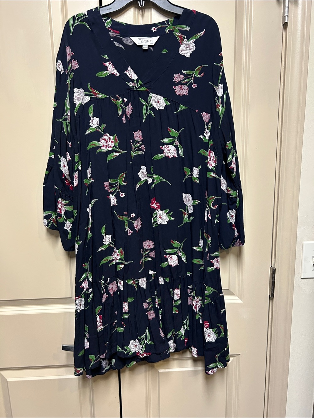 Floral Navy Long-Sleeve V-Neck Dress